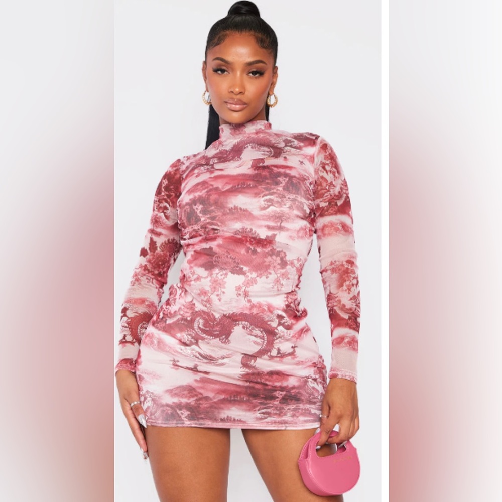 PRETTYLITTLETHING:PINK PRINT MESH DRESS NEW WITH TAGS SIZE 8 USA (#2050)